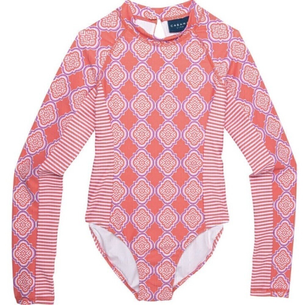 NWT CABANA LIFE Coral Geo Long Sleeve Unisuit One Piece Swimsuit UPF 50+ Size 4